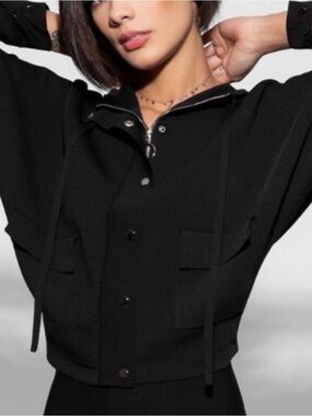 Elegant Black Long-Sleeve Butter Soft Jacket with zipper and designer snaps.